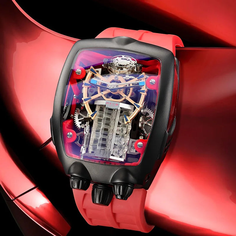 Red Supercar Mechanical Watch Inspired by Car Engine